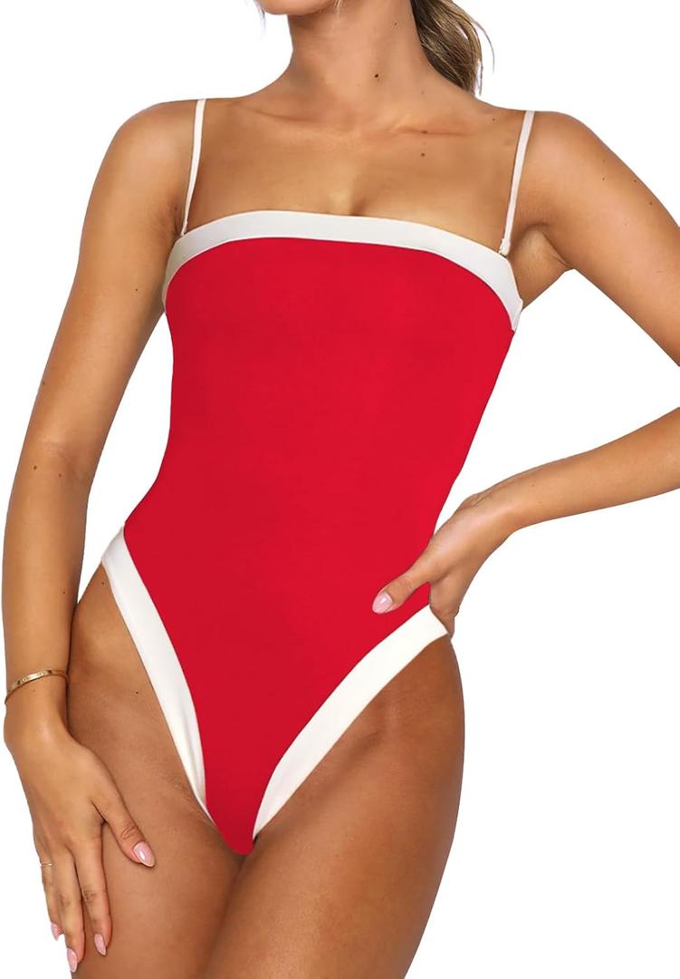 One Piece Swimsuit for Women Tummy Control Square Neck Swimwear Tie Back Bathing Suit (L)