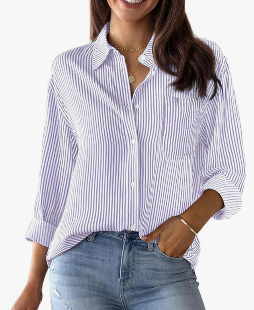 Striped Button Down Shirts for Women Cotton Dress Shirts Long Sleeve Collared Blouses Work Business Casual Tops, Size L