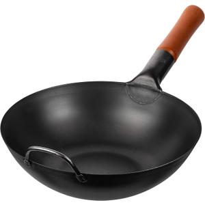 YOSUKATA Carbon Steel 11.8" Stir Fry Wok Pan - Pre-Seasoned Chinese Wok with Flat Bottom for Induction Gas Stovetops - Open Fire, BBQ, Grill, Outdoor Camping