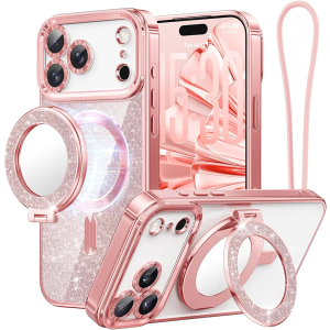Meifigno Magnetic Case Designed for iPhone 17 Pro Max with Removable Phone Ring Stand, Glitter Card & Wrist Strap, Compatible with MagSafe, Built in Mirror, Phone Ring Holder + Case Kit, Rose Gold