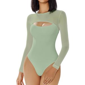 Avidlove Bodysuits for Women Round Neck Shapewear Bodysuit Long Sleeve Bodysuit Sexy Mesh Top Double Lined Cutout Shirt (XX-Large, Gray Green)