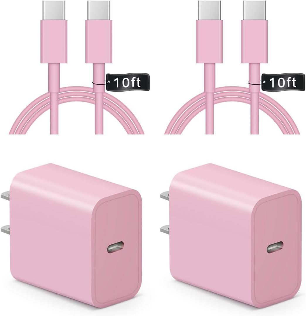 iPhone 17 16 15 Charger Fast Charging 10FT - 2 Pack 20W USB C Charger Block with Type C Cable Compatible with iPhone 17/17 Pro/17 Pro Max/Air/16/16e/15, iPad Pro, Air M3/M2/5/4, 11th/10thPink