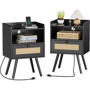 SUPERJARE Nightstands with Charging Station, Bedside Table Set of 2 with PE Rattan Drawers, Rattan Side Table with Storage & Solid Wood Feet, End Table for Bedroom, Black, 11.8"D x 15.9"W x 23.4"H