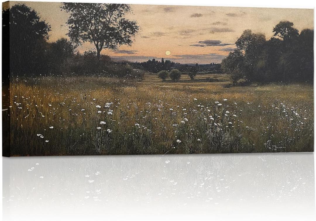 SVFGHGGN Rustic Large Vintage Floral Wildflower Flower Cottagecore Sunset Landscape French Country Framed Above Wall Art Canvas Sign Pictures Decor Decorations for Home Room, 40x20 Inches