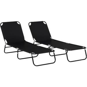 Outsunny 2 Piece Folding Chaise Lounge Pool Chairs, Outdoor Sun Tanning Chairs with 5-Level Reclining Back, Steel Frame for Beach, Yard, Patio, Black