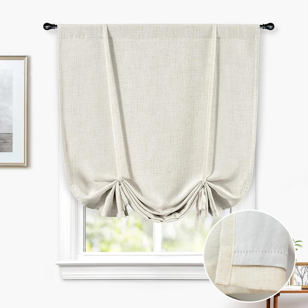 DriftAway Double Layer Linen Blackout Tie Up Curtains Thermal Insulated Fully Lined Balloon Roman Shade Bathroom Window Adjustable Rod Pocket for Small Window 45 Inch by 63 Inch Light Linen