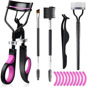 Eyebrow Brush Kit for Women with Eyelash Comb Seperator, Lash Curler, Mascara Brushes, Angled Eyebrow Brush and Comb, Eyelash Extension Tweezers and 10 Silicone Refills Pads