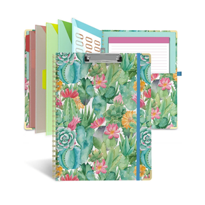 Clipboard Folio with Notepad for Letter Size (11" x 8.5"), 5 Extra Folders with Storage 10 Pockets, 39 File Folder Labels, Elastic Closure Spiral Clipboard with Storage(Cactus Flowers)