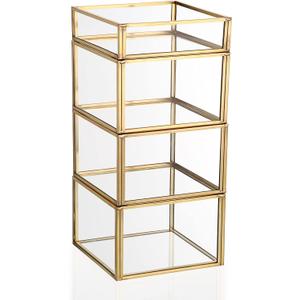 Hipiwe 4-Tiered Gold Glass Jewelry Box Stackable Trinket Organizer Decorative Glass Box Q-tip Holder Cotton Ball and Swab Storage Holder for Bathroom Dresser Office Countertop