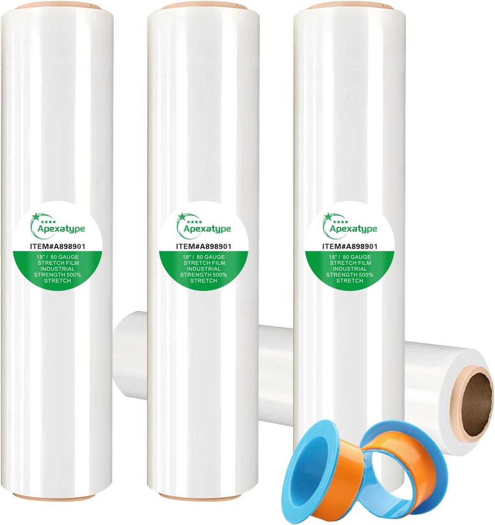 Plastic Shrink Wrap Roll for Moving  18" x 1500', 80 Gauge, 500% Stretch, Heavy Duty Stretch Wrap Film for Shipping, Packing, Pallet & Furniture Protection  4 Rolls with Handles