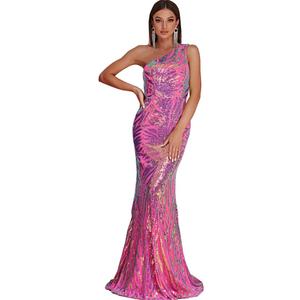 Giffniseti Women's One Shoulder Holographic Sequin Dresses Evening Gown Formal Prom Maxi Dress (Pink, Medium)