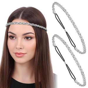 2 Pcs Elastic Rhinestone Headband Adjustable Silver Headband 70s Sparkly Metal Headbands Crystal Headpiece Women Hair Accessories for Women Wedding Prom Party Festival