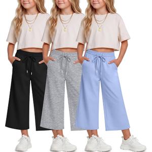 Halfchet 3 Pack Girls Capri Pants Wide Leg Baggy Cropped Sweatpants Kids Basic Casual Capris with Pockets for Ages 5-14