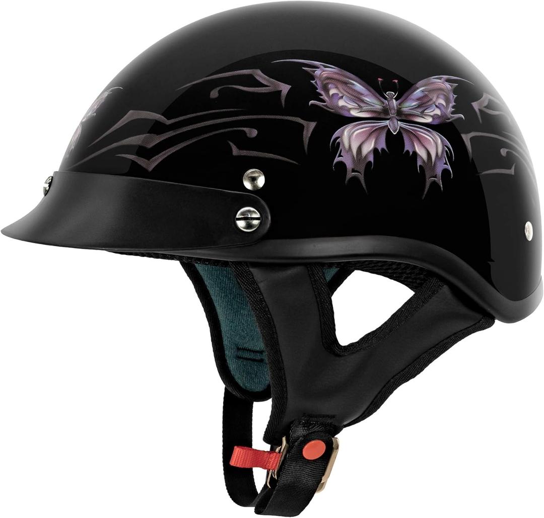 VCAN Cruiser Intricate Butterfly Motorcycle Half Helmet (Small, Gloss Black Butterfly)