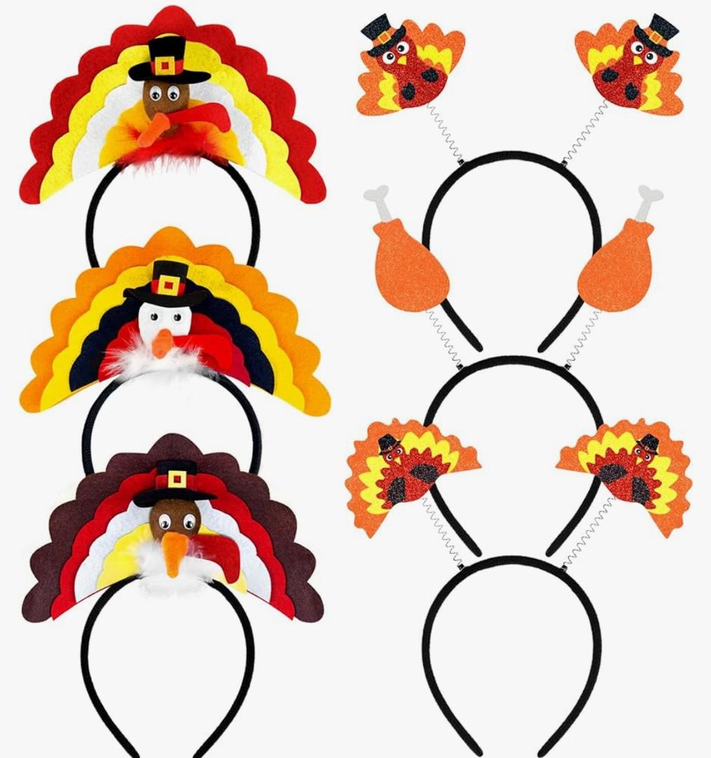 UMEELR 3 Turkey Hat Headband and 3 Turkey Head Boppers Thanksgiving Set for Fall Party Favors Supplies Women's Thanksgiving Hair Accessories