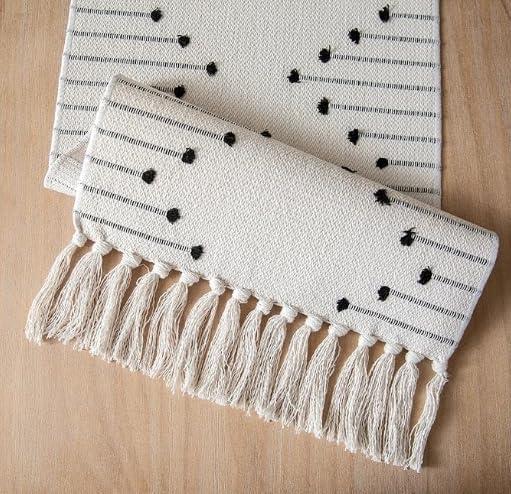 Table Runner 108 Inches Long, Boho Style with Handmade Tassels, 70% Cotton & 30% Linen, Modern Farmhouse Home Decor for Living Room (Beige Black, 12x108 Inch)