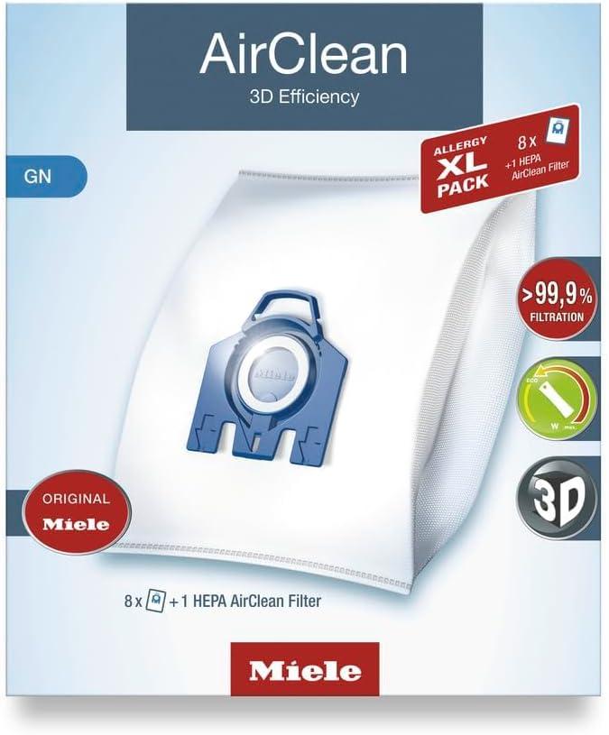 Miele AirClean 3D Efficiency Dust Bag, Type GN, Allergy XL-Pack, 8 Bags, 2 Pre-Motor Filters, and 1 HEPA Filter