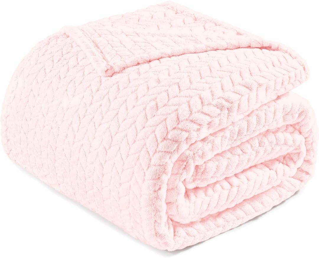Exclusivo Mezcla Light Pink Fleece Queen Size Blanket for Bed, 90x90 Inches Soft Cozy Jacquard Flannel Blankets, Lightweight Fuzzy Plush Warm for All Seasons