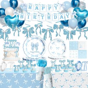 Party Inspo Blue Bow Birthday Party Supplies, Coquette Birthday Decorations with Bow Plates, Napkins, Banner, Cups for Girls Women Blue Theme Party Decorations