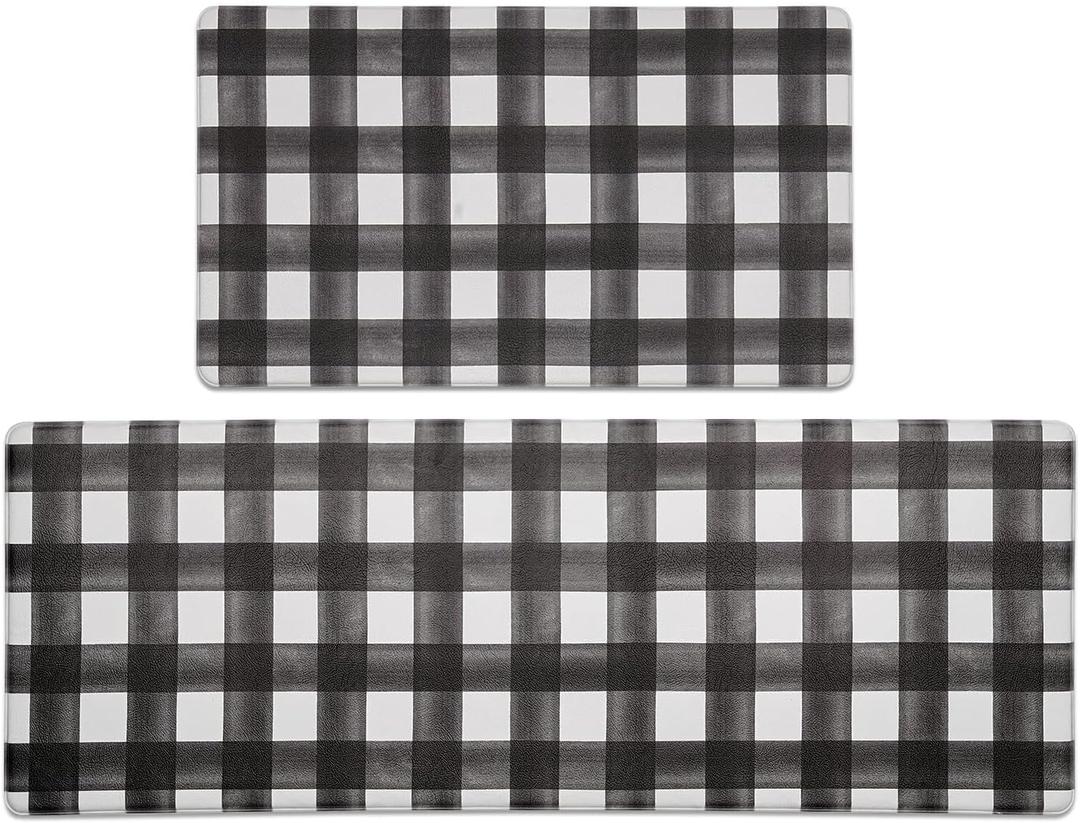 FRESHMINT Modern Farmhouse Plaid 2 Piece Set Kitchen Mats for Floor Anti Fatigue Waterproof & Non-Skid Kitchen Rugs Cushioned Kitchen Mat for Standing Washable Comfort Desk Kitchen Runners (Black)