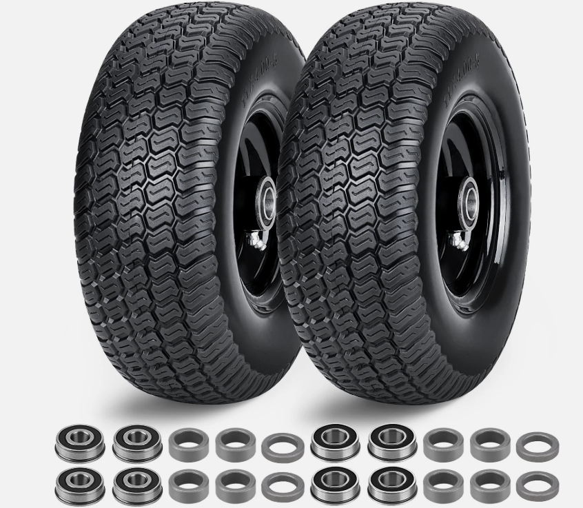 RIHYTAC 11x4.00-5 Flat Free Lawn Mower Tires and Wheel,Zero Turn Lawn Mower Replacement Tires,11x4-5 Solid Tractor Turf Tire with Rim,3.4" Centered Hub,3/4"&5/8"&1/2" bearing with Adapter Kit-Black