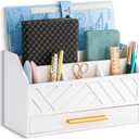 white Wood Desk Organizer and Accessories with Drawer, Bill Mail Organizer and File Mail Holder for Office Supplies, Modern Desk Accessories & Workspace Organizers for Desk Organization