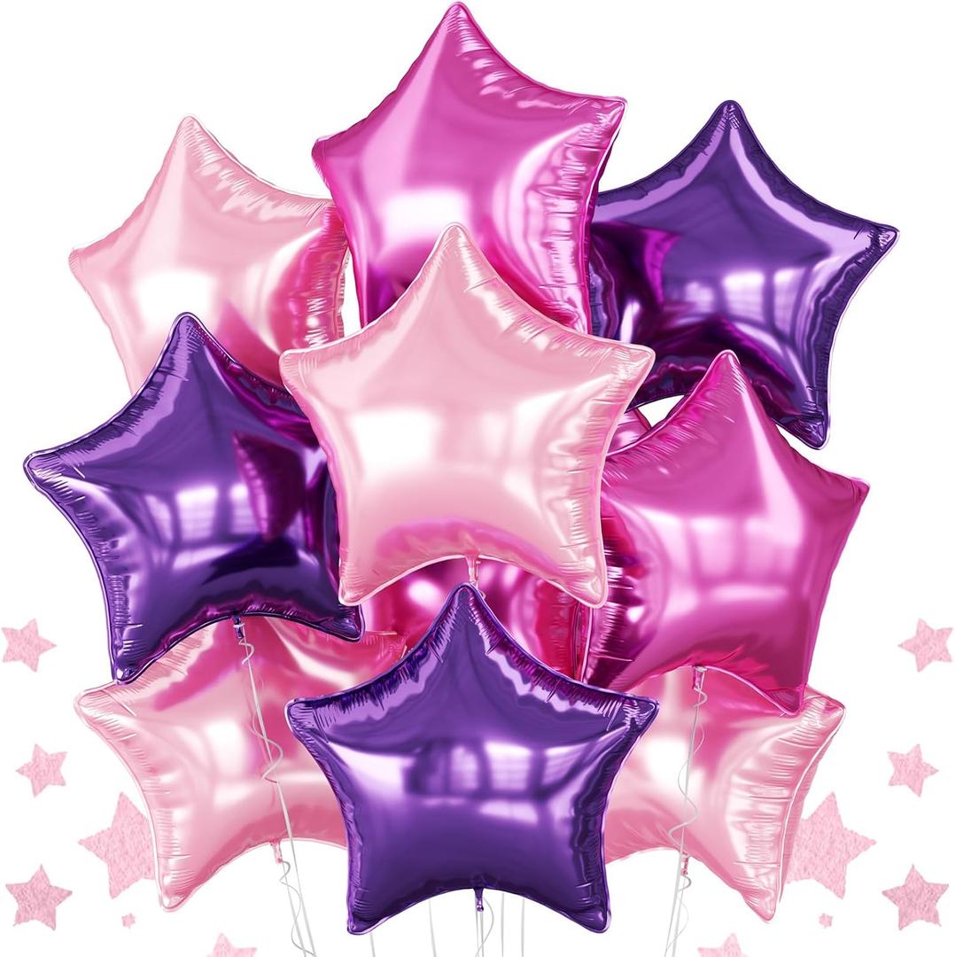 Purple Pink Star Foil Balloon, 10PCS Foil Stars Shape Balloons, 18 Inch Metallic Dark Light Pink Purple Stars Balloons Pentagram for Helium for Girls Birthday, Music, Anniversary Party Decoration