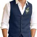 Men's Linen Suits 2 Piece Slim Fit Suit Prom Beach Wedding Groomsman Vest Pants Set Casual Summer Linen Outfit (Blue, 3XL)