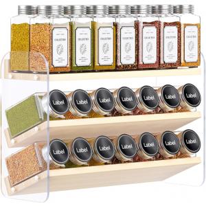 MUDEELA Clear Spice Rack Organizer for Cabinet, 3 Tiered Vertical Spice Shelf, Wooden Seasoning Organizer for Countertop, Kitchen, Pantry, Freestanding, 13.3" W 11.2" H (No Jars Included)