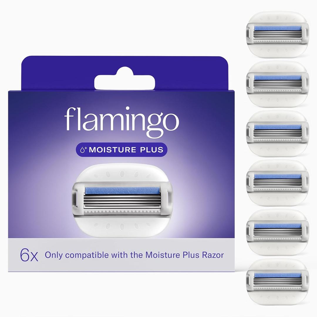 Flamingo Moisture Plus Razor Blades for Women - No Shave Gel Needed - 6 Count - Moisture Plus Razor Blade Refills