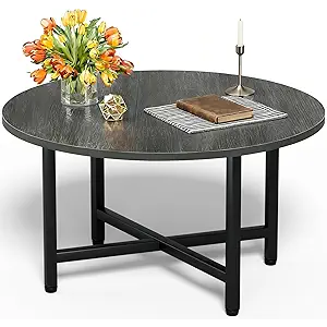 Round Coffee Table, Small Coffee Tables for Living Room, Wood Coffee Table with Metal Frame, Floor Table Desk for Sitting on The Floor, Home, Office, Farmhouse, Dark Gray (23.6" D x 17.7" H)
