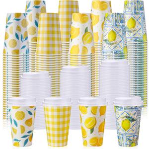 100 Pcs 12 Oz Capri Lemon Disposable Coffee Cups with Lids Yellow Lemon Paper Drinking Cup for Hot Cold Beverage Drink Juices for Lemonade Stand Supplies Summer Party Bride Shower