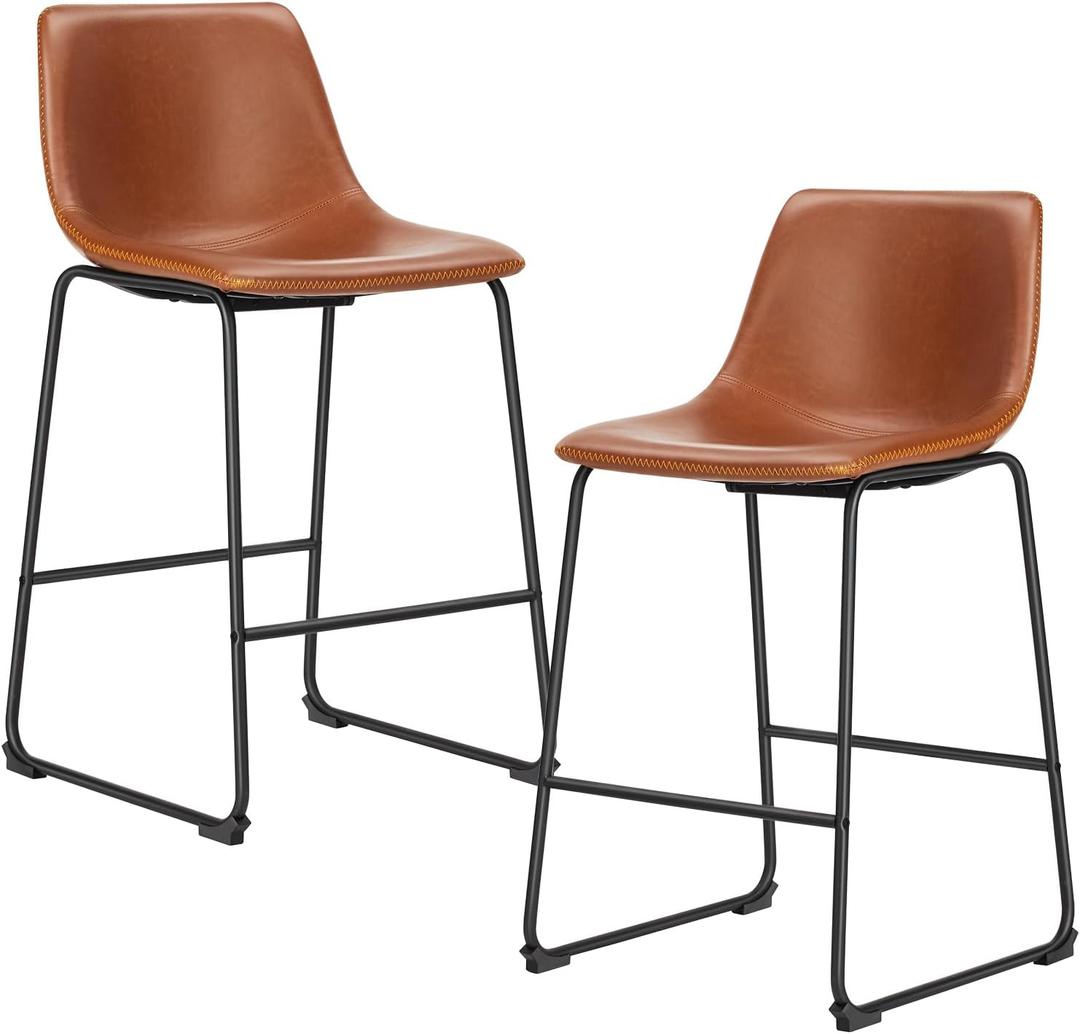 DUMOS 26 Inch Counter Height Bar Stools Set of 2, Modern Faux Leather High Barstools with Back and Metal Leg, Bar Chairs for Kitchen Island, Elegant Brown