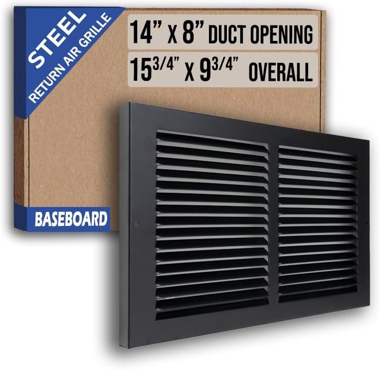 Fits 14x8 Duct Opening | Steel Baseboard Return Air Grille by Handua | Vent Cover Grill | 7/8" Margin Turnback [Depth] to Fit Baseboard | Black | Outer Dimensions: 15.75"W X 9.75 "H