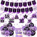 Purple 18th Birthday Decorations for Girls Boys Purple Black 18th Birthday Banner Hanging Swirls Balloons Bday Cake Topper for Cheer to 18 Years Party Supplies