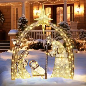 ATDAWN 4.5FT Christmas Outdoor Decorations, Lighted Outdoor Nativity Set with 115 LED Lights, Holy Family Nativity Scene for Christmas Holiday Lawn Garden Yard Decoration, Brown & Gold