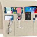 Joywell Beige Remote Control Holder Recliner Armchair Caddy Couch Caddy Sofa Armrest Organizer Linen Fabric Tan Taupe Sofa Arm Chair Caddie with 6 Pocket Storage for Magazine, Tablet, Phone, iPad (19'' x 35'')