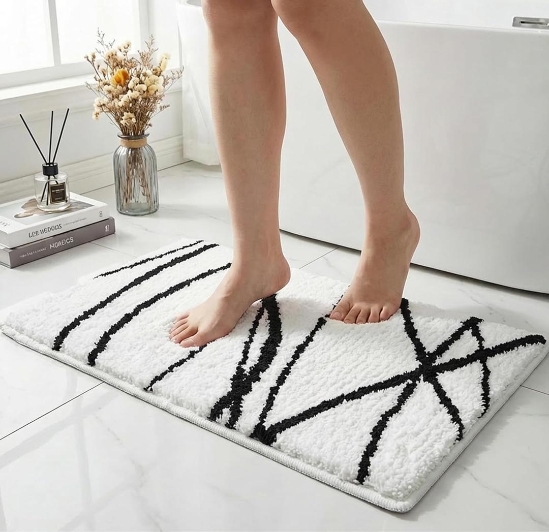 Tititex Luxury White Black Curve Line Bathroom Rug, 24x36 inch Extra Soft and Absorbent Microfiber Bath Rugs, Non-Slip Plush Shaggy Bath Carpet, Bath Mats for Bathroom Floor, Tub and Shower