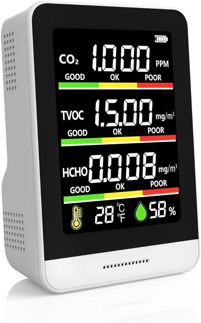 Air Quality Monitor Indoor,8-in-1 Smart Air Quality Tester with CO2, TVOC, HCHO, AQI, Temperature & Humidity, Real Time Display, Battery Powered, for Home & Office (White)