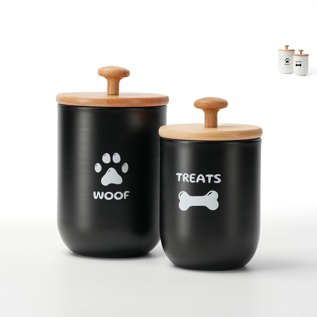 Dog Treat Container Set of 2, Dog treat jar with Airtight Lid, Small dog food container, Dog Cookie Jar for kitchen Counter, Treats Canister, Pet Treat Container 8.3x4.9 & 7.1x4.3 (Black)