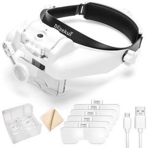 Headband Magnifying Glass with Light, Rechargeable Head Magnifying Glasses 1X to 14X, Magnifier Headset with 6 Detachable Lens, Hands Free Head Mount Magnifier for Close Work Jewelry Crafts (White)
