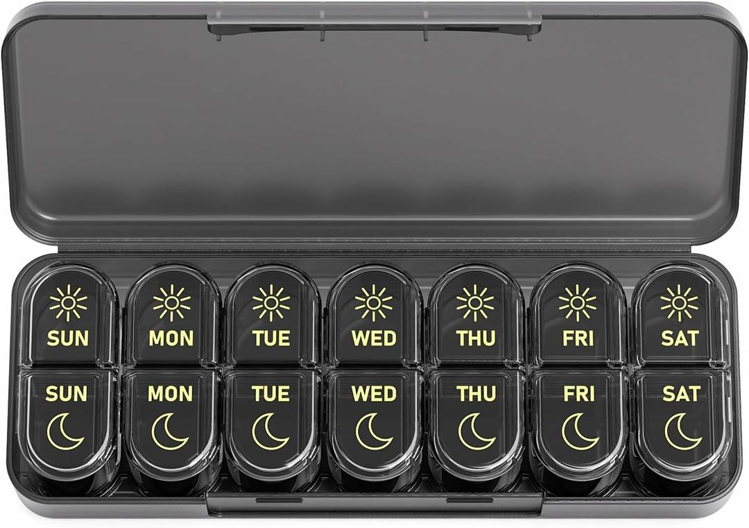 Daviky Weekly Pill Organizer 2 Times a Day, 7-Day AM PM Medicine Case, Travel-Friendly Pill Box for Fish Oils, Vitamins & Supplements (Black)