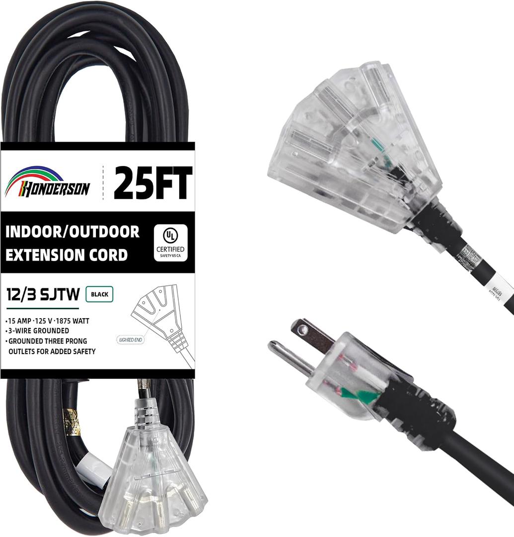 25 Ft Black 3 Outlet Outdoor Extension Cord with Lighted End 12 Gauge