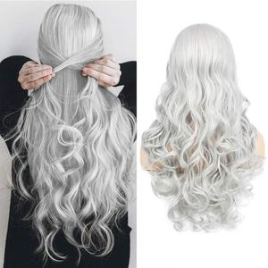 Sallcks Women's Long Curly Wavy Silver Gray Wigs Cosplay Costume Halloween Wigs Synthetic Middle Parting Replacement Wig