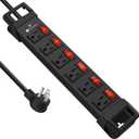 Heavy Duty Power Strip,6 Outlet Wall Mount with Individual Switch & Cord Management,Mountable Surge Protector 1200J,6FT Extension Cord(Black,6 FT)