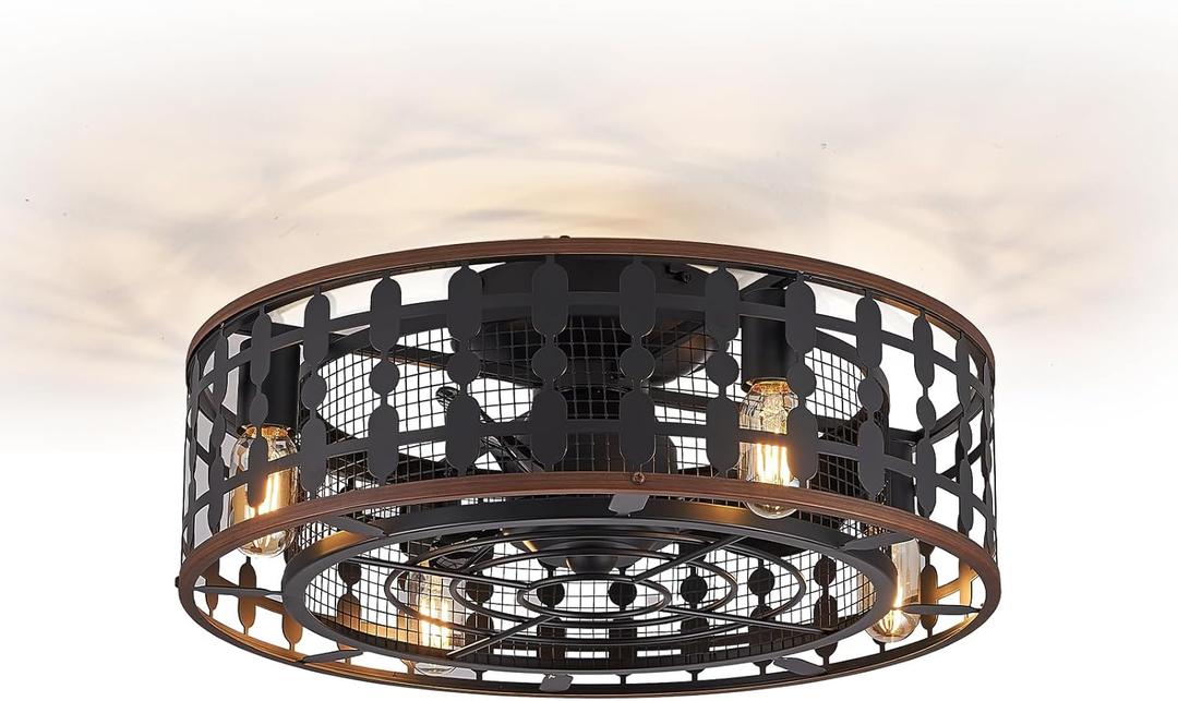 Orison 21.5'' Caged Ceiling Fan with Light, Low Profile Ceiling Fan with Light and Remote (395-Black Flush Mount)