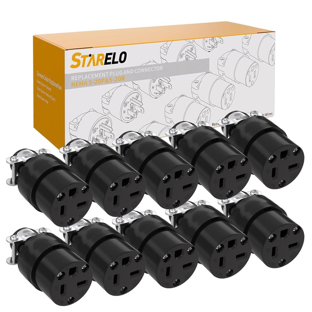 STARELO 10 PCS 20 Amp Connector Extension Cord Ends Black Shell 125V 20A 2Pole 3Wire NEMA 5-20R Industrial Grade 3-Prong Straight Blade Grounding Type (Female)