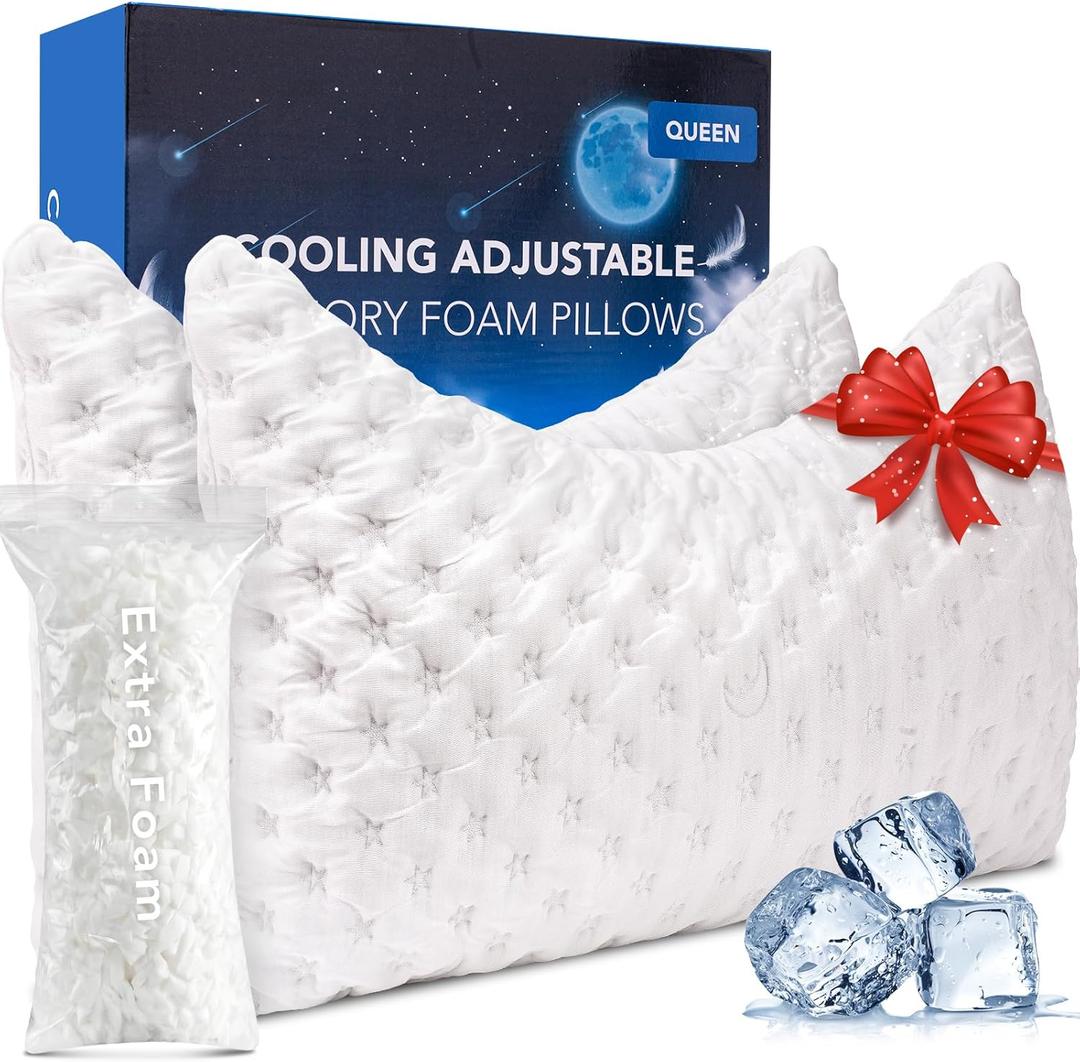 KUCEY Cooling Side Sleeper Pillow for Neck and Shoulder Pain, Luxury Shredded Memory Foam Curved Bed Pillows for Sleeping Set of 2- Adjustable Queen Size- Washable Cover Crescent White
