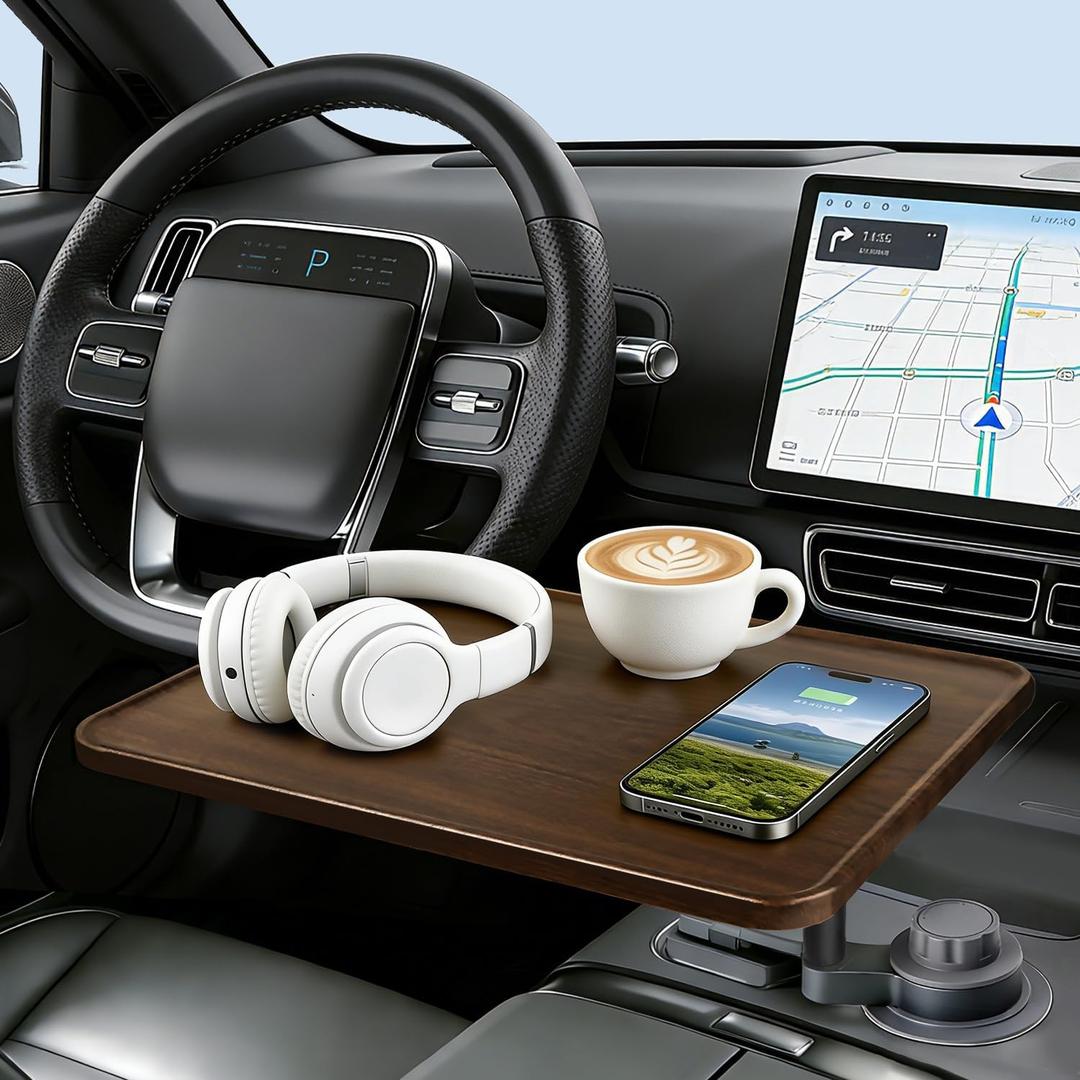 360 Rotating Car Laptop Desk - Cup Holder Mount Car Table Tray, Compatible with Tesla Model Y/3/S, F-150/Explorer/Maverick & Most Vehicles, Car Accessories for Women & Men
