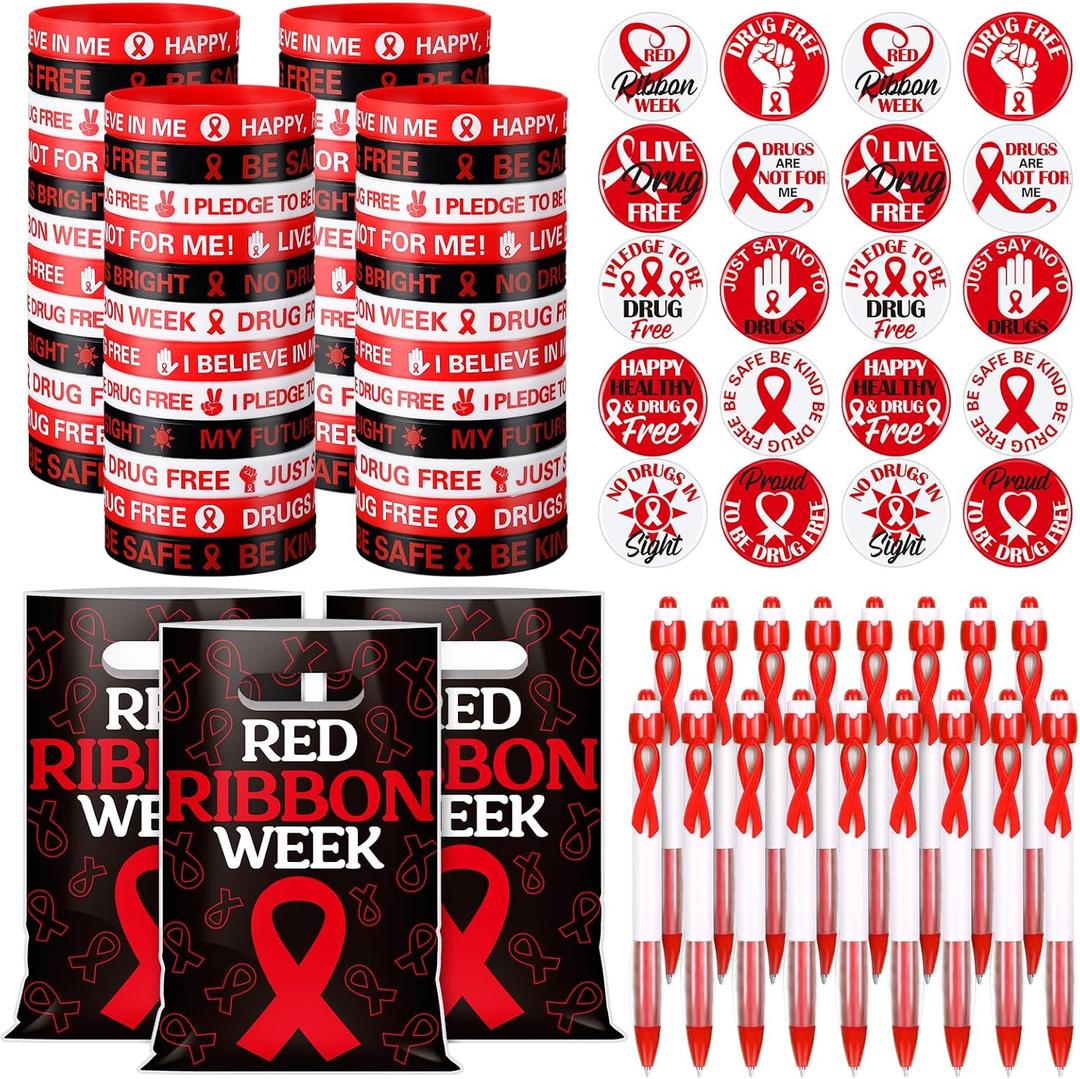 Supervitae 200 Pcs Red Ribbon Week Supplies Bulk Include 50 Drug Free Awareness Gift Bags 50 Anti Drug Bracelet 50 Red Ribbon Pen 50 Inspirational Button Pins for Events Charity Gifts Items